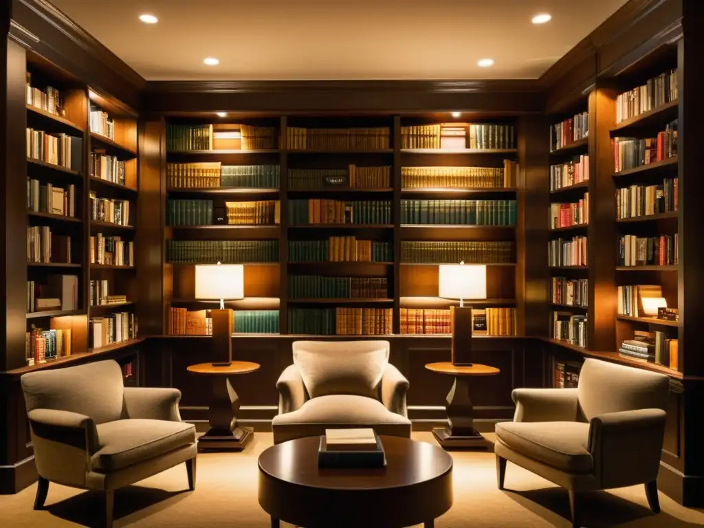 Acogedora biblioteca de hotel, repleta de libros, sillones y luces suaves