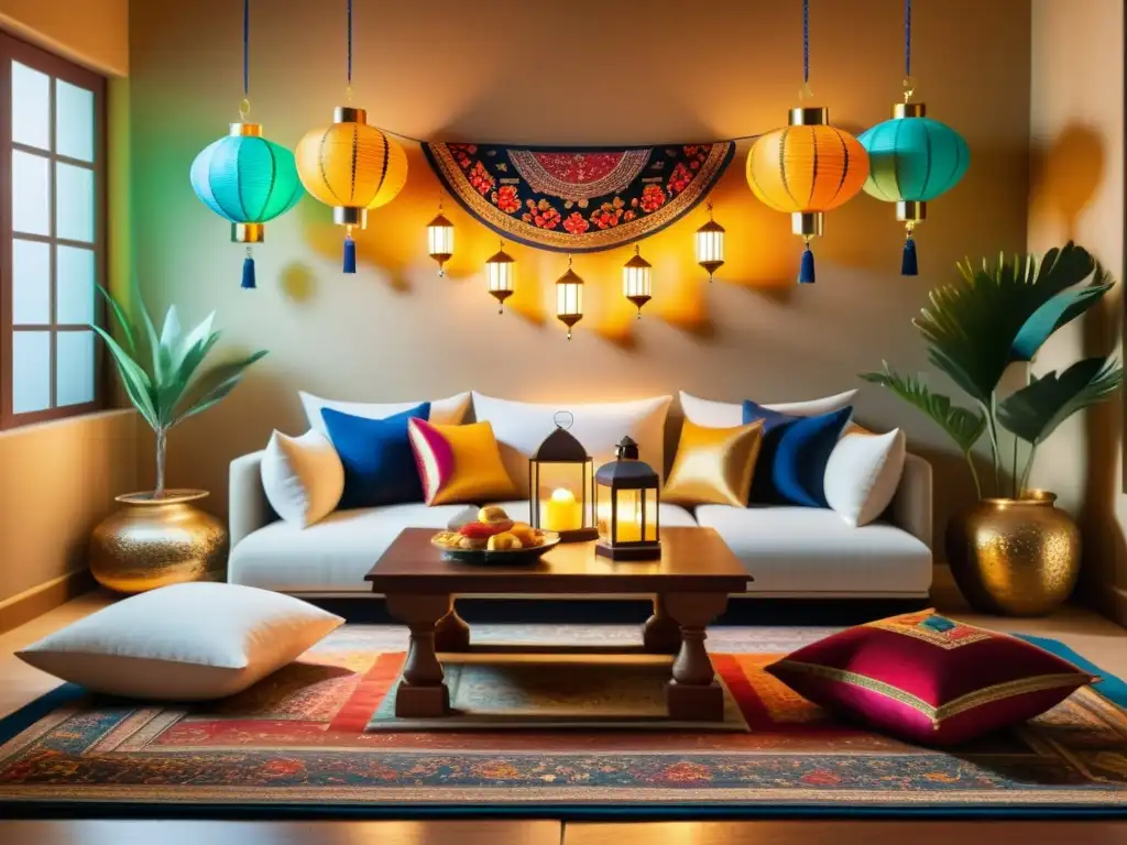 Salón decorado con encanto para celebrar Eid al estilo tradicional Acogedora decoración para el Eid con linternas coloridas, tapices intrincados y alfombras ornamentadas en una sala iluminada por una cálida luz dorada