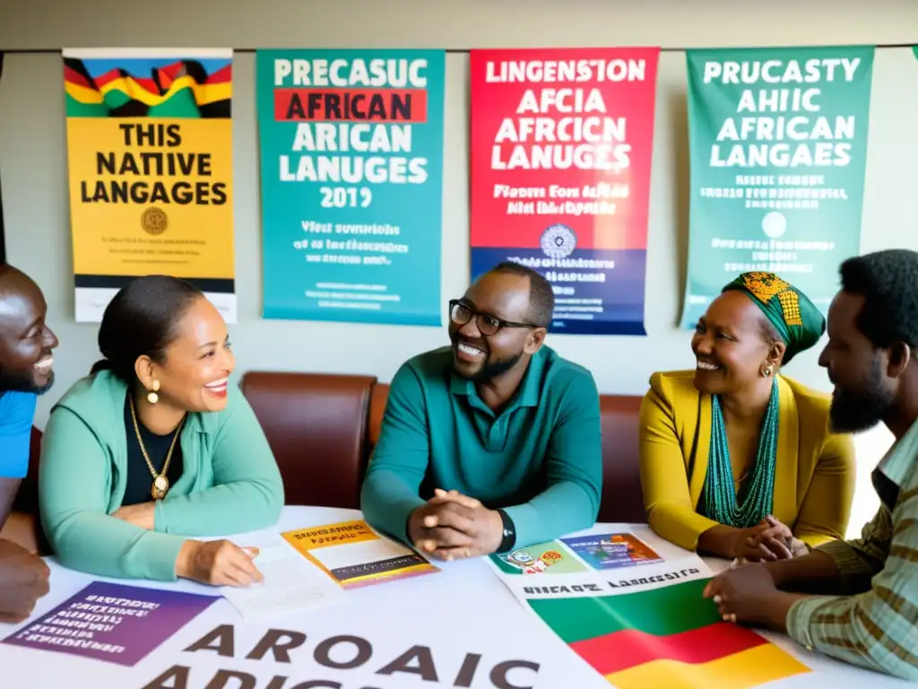 Activistas debaten sobre los efectos de la francización en lenguas nativas africanas, rodeados de carteles coloridos