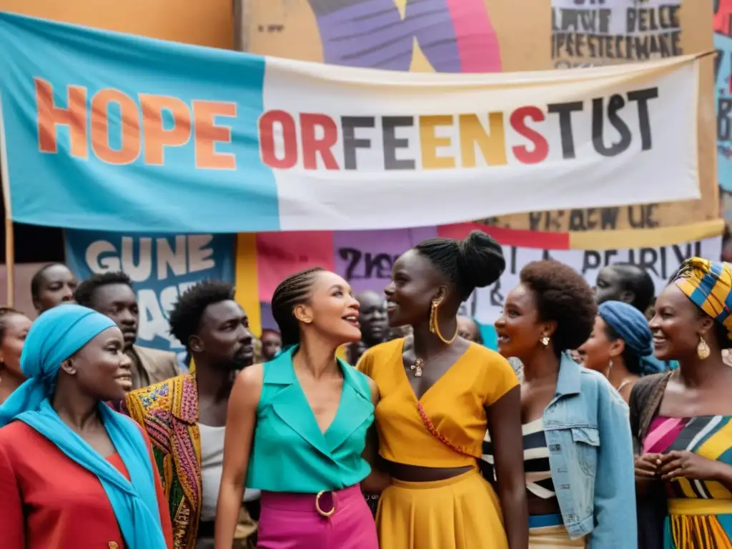 Actores de Guinea resistencia social en vibrante teatro callejero con grafitis y protestas, cautivando al público con emotivas actuaciones