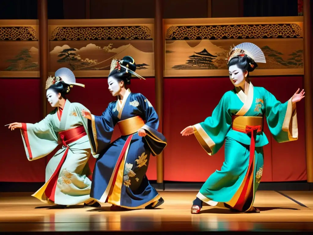 Actores de teatro tradicional japonés Shinto Budismo en deslumbrante performance de Noh, con vestimentas elaboradas y escenario tradicional