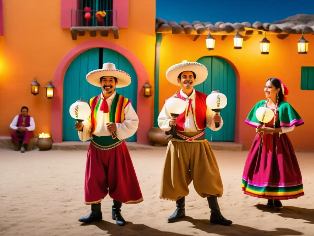 Actores en trajes tradicionales mexicanos realizan una pastorela en la plaza del pueblo