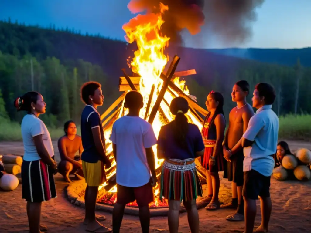 Adolescentes indígenas participan en un ritual de paso, rodeados de fuego y sabiduría ancestral en la oscuridad de la noche