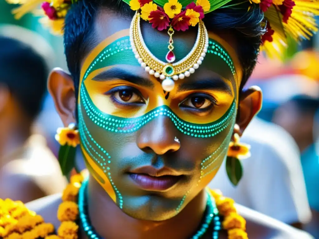 Devoto llevando kavadi adornado durante el Festival Thaipusam en Singapur, muestra devoción y fuerza espiritual