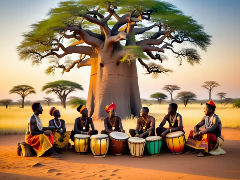 Música tradicional africana francófona: músicos vibrantes bajo un baobab al atardecer, transmitiendo alegría y tradición