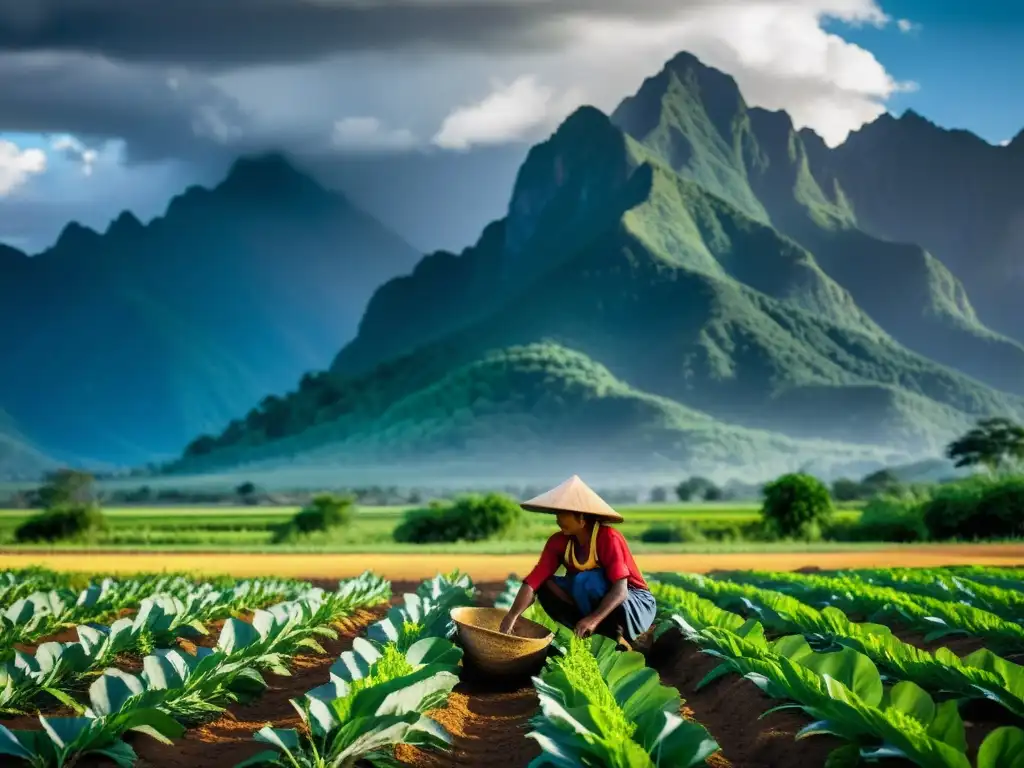 Un agricultor indígena cuida con esmero su campo biodiverso, rodeado de montañas, bajo un cielo nublado