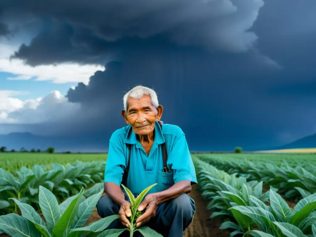 Un agricultor indígena, rodeado de cultivos biodiversos, cuida las plantas con determinación ante la inestabilidad climática