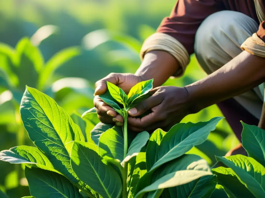 Un agricultor indio cuida con amor las hojas de tabaco en un campo soleado, evocando los rituales sagrados del tabaco en India