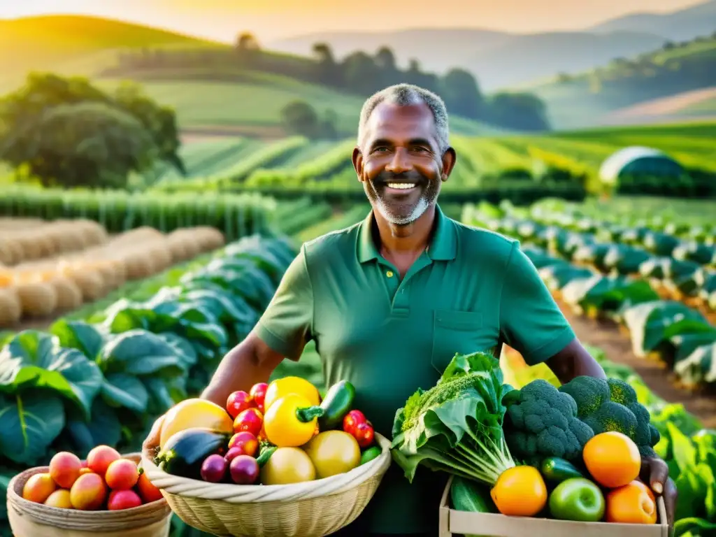 Un agricultor local muestra orgullosamente una cosecha abundante de productos frescos y coloridos en un campo verde, resaltando la importancia de la agricultura local para la cocina tradicional