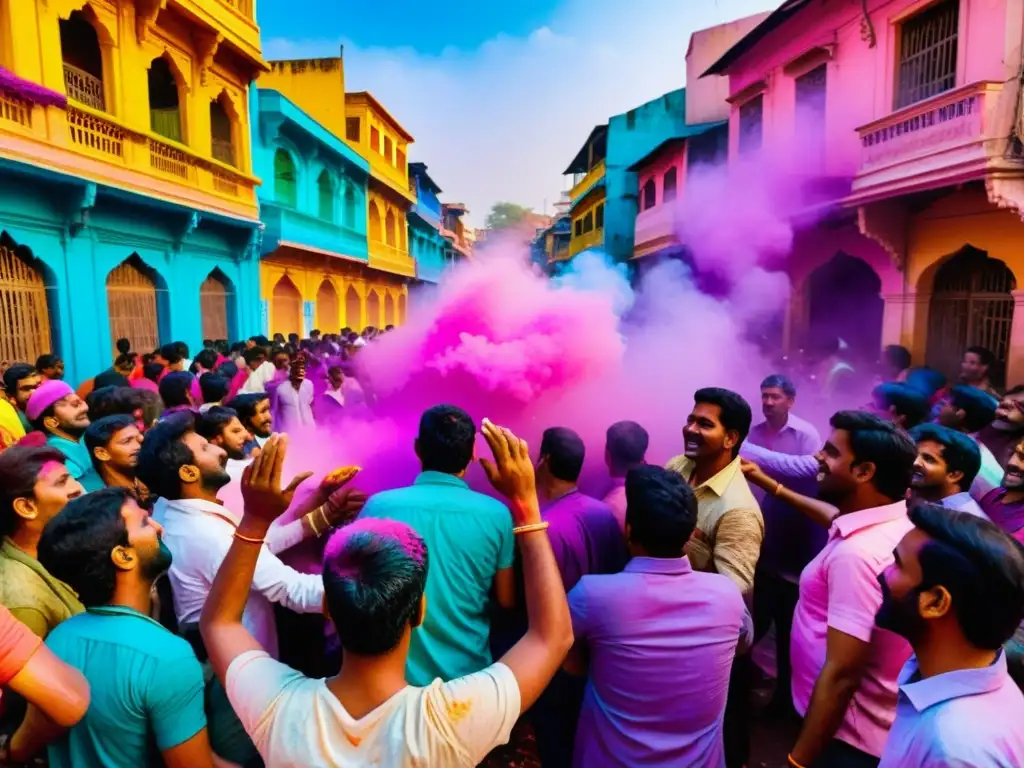 Alegre celebración del Festival Holi en la India, con personas arrojando polvos de colores