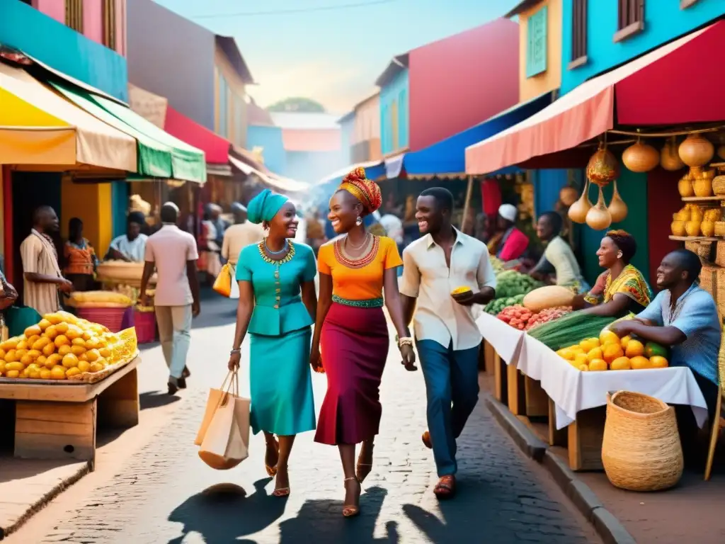 Alegre escena callejera en una ciudad africana francófona, con animadas conversaciones en francés, coloridos puestos de mercado y ropa tradicional