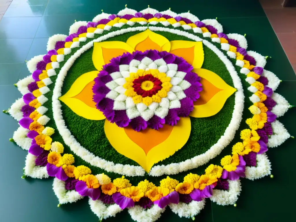 Una alfombra floral tradicional de Onam, con un intrincado diseño de pétalos en vibrantes colores, reflejando la rica tradición de pookalam