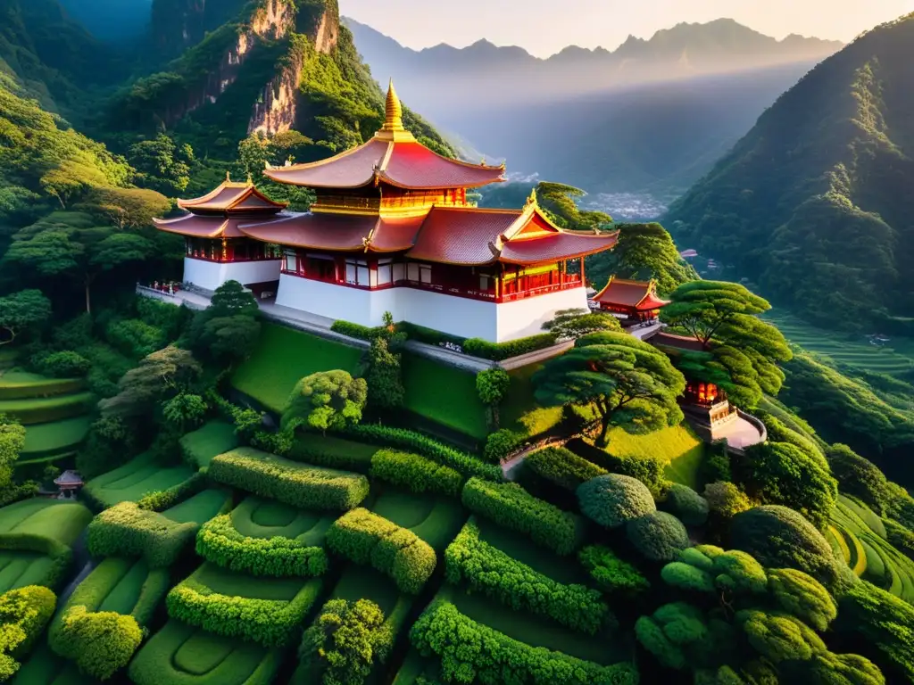 Alojamiento inusual en templo budista rodeado de exuberantes montañas verdes, bañado por la cálida luz del atardecer y la serenidad de los monjes