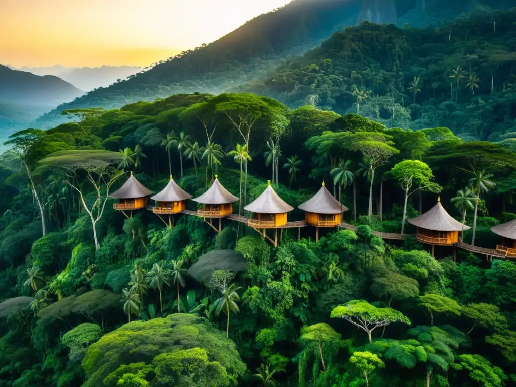 Alojamientos en árboles tradicionales en exuberante selva tropical, bañados por cálido resplandor dorado del sol y en armonía con la naturaleza