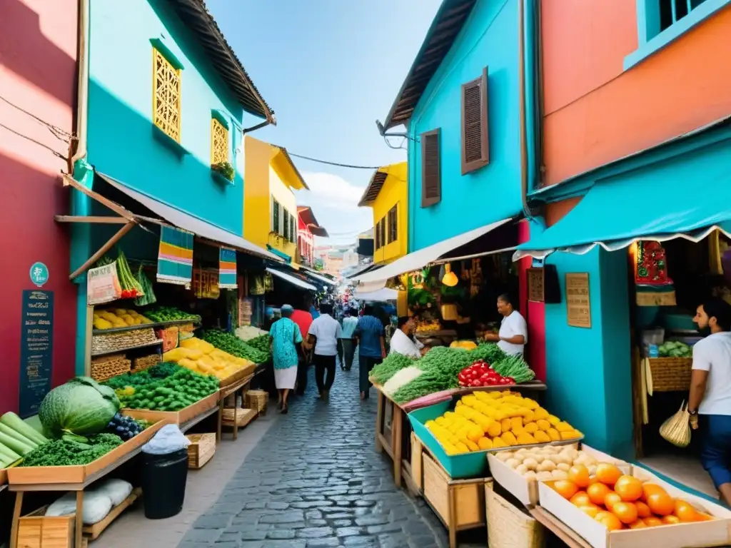 Alojamientos para inmersión cultural: Mercado local bullicioso en ciudad vibrante, con colores, música y baile tradicional