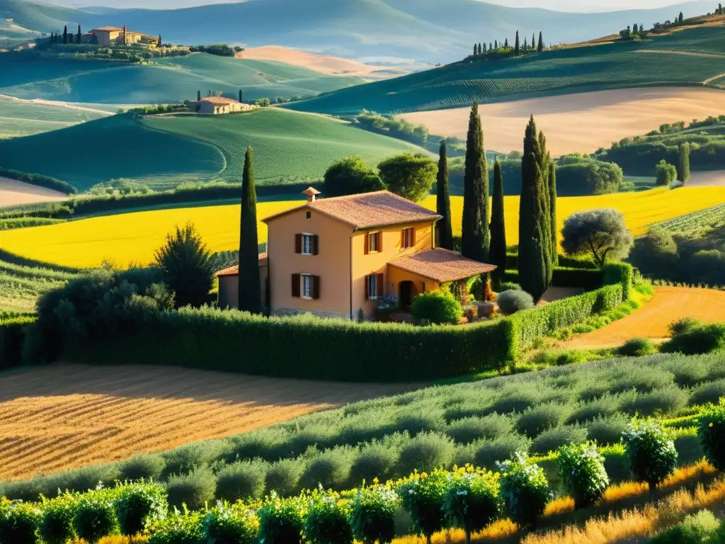 Alojamientos para inmersión cultural: Hermosa casa rural italiana entre colinas, campos de girasoles y olivos, bañada por la cálida luz dorada