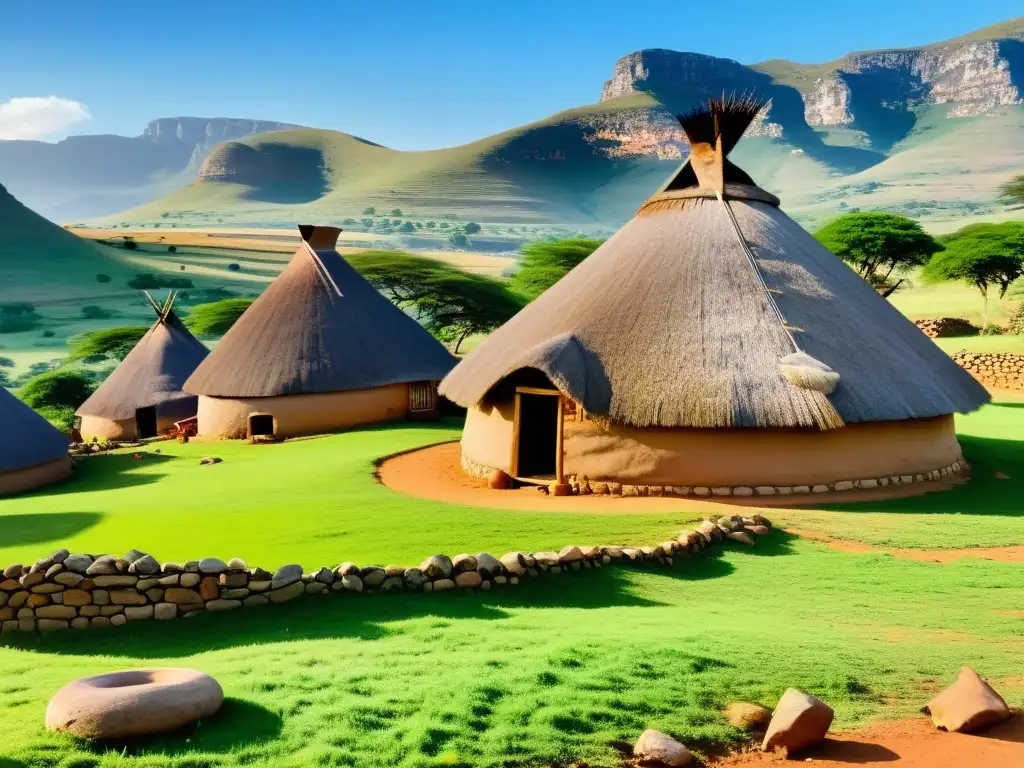 Alojamientos para inmersión cultural: Vista de una aldea Zulú tradicional en Kwazulu Natal, Sudáfrica, con mujeres zulúes en actividad cultural