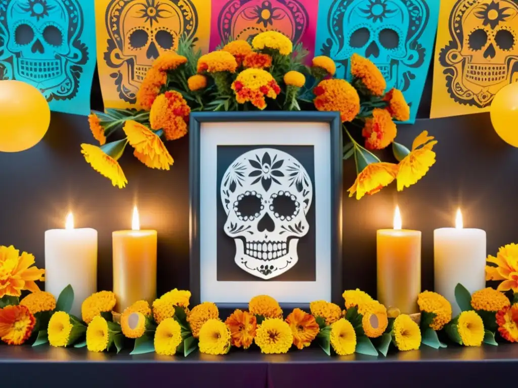 Altar vibrante y conmovedor para Día de Muertos Un altar de Día de Muertos con ofrendas vibrantes y papel picado colorido, honrando la Danza de los Muertos en México