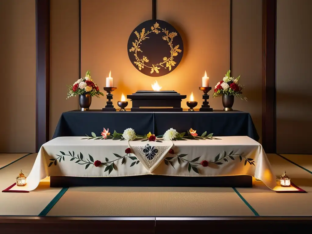 Un altar funerario japonés con influencia del Budismo, decorado con arreglos florales e incienso