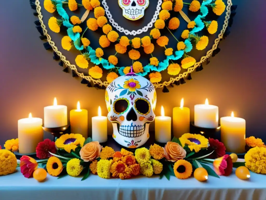 Un altar vibrante y detallado para Día de los Muertos, con flores, calaveras de azúcar y papel picado