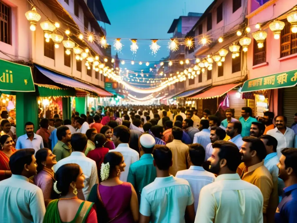 Altares iluminados y multitud en las calles durante el Diwali, celebración llena de color y tradición en la India