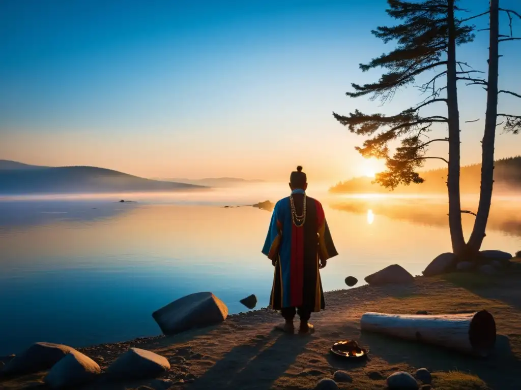 Un amanecer místico en el lago Baikal con un chamán Buriat realizando un ritual en la orilla, evocando la cosmovisión siberiana y el espíritu acuático