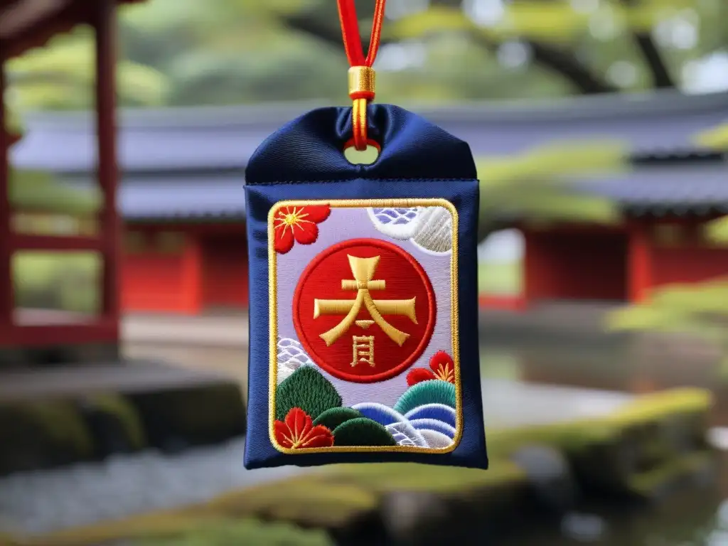 Un amuleto omamori japonés, bordado con hilos coloridos y detalles metálicos, expuesto en un santuario shintoísta