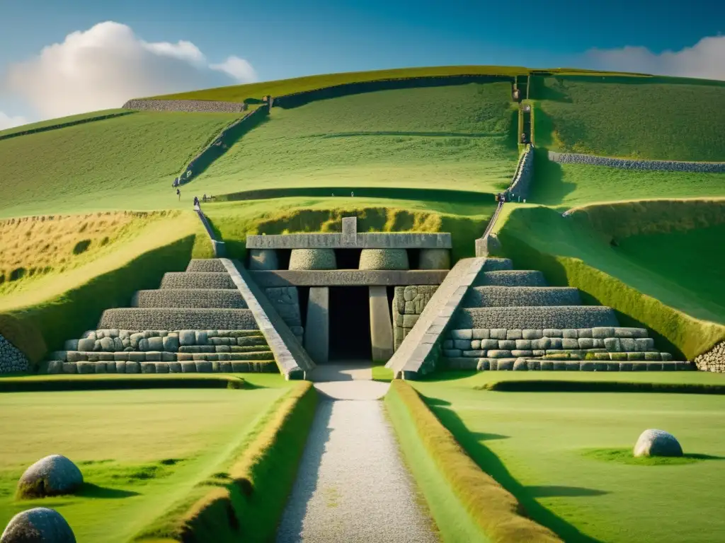 Explorando la ancestral tumba de pasaje de Newgrange en Irlanda, con grabados en piedra y paisaje, encarnando la mística y la historia celta