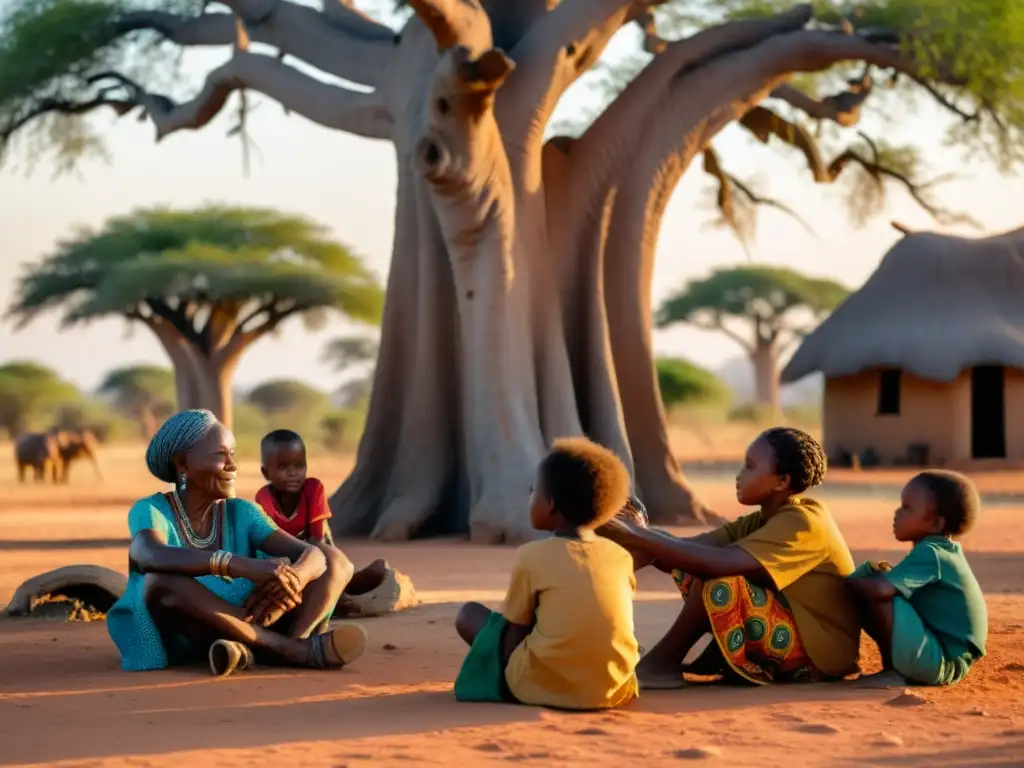 Una anciana africana transmite sabiduría bajo un baobab, rodeada de niños atentos, en una escena cálida y llena de color que refleja la transmisión de conocimientos en las culturas francófonas africanas