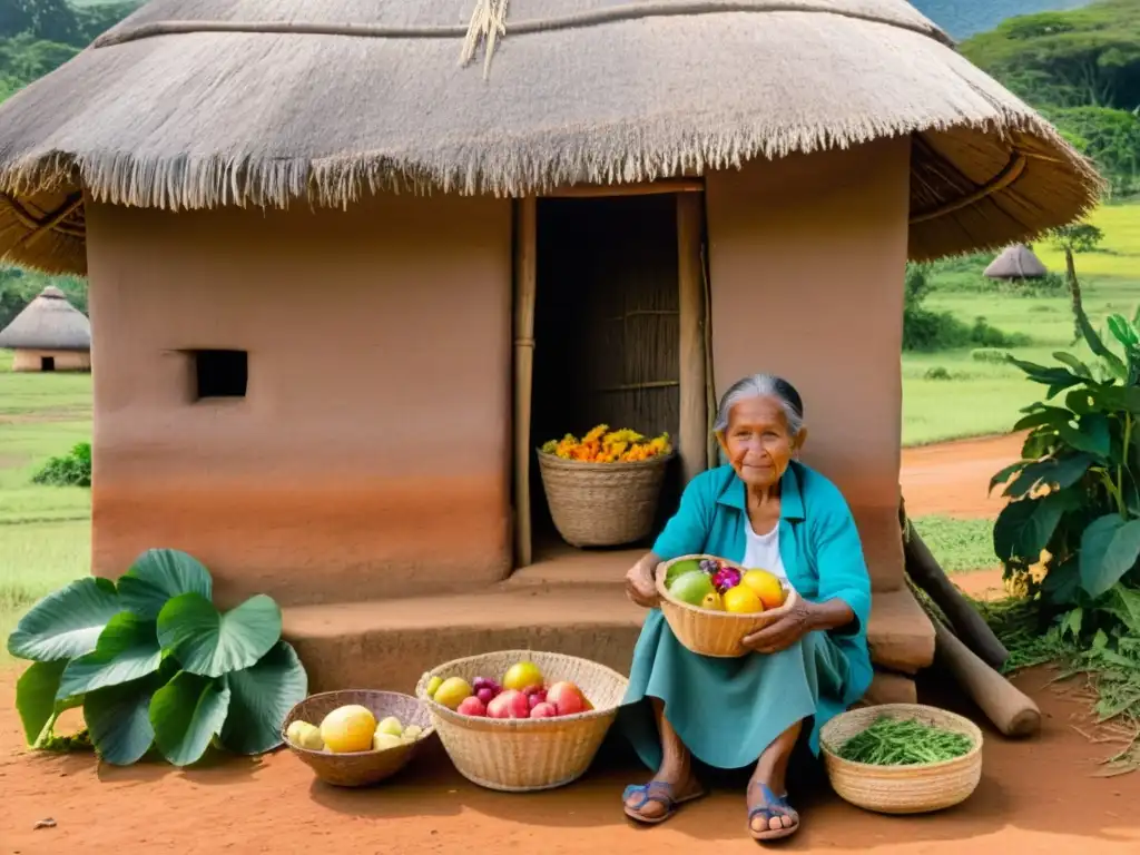 Una anciana guaraní sostiene una cesta de frutas y verduras frescas, rodeada de exuberante vegetación y flores silvestres