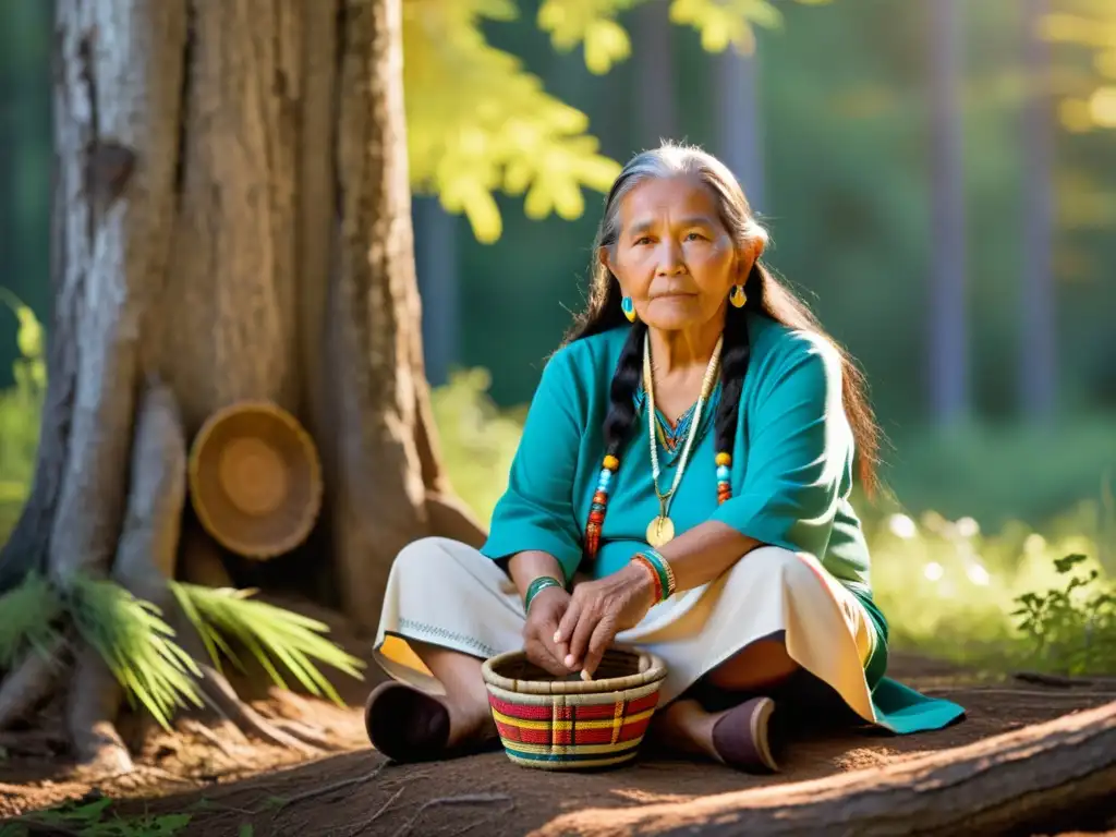 Una anciana de la Nación Cree teje una cesta de hierba dulce, rodeada de naturaleza exuberante y transmitiendo sabiduría cultural a niños