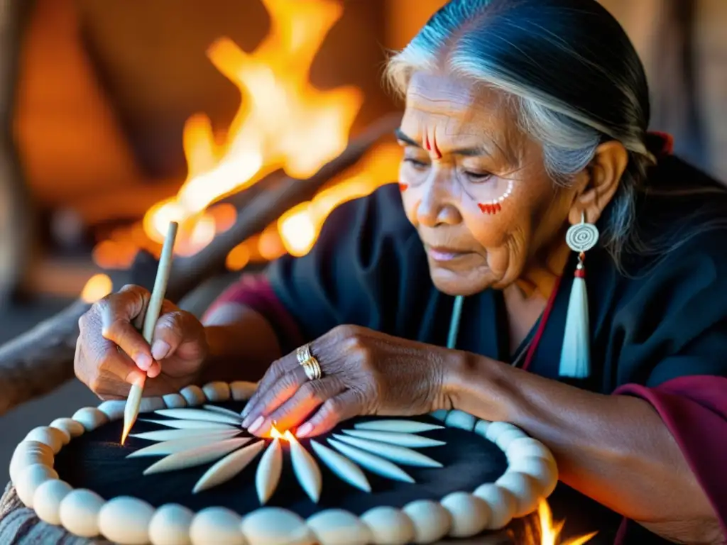 Una anciana Cherokee crea símbolos en piel de ciervo junto al fuego, mostrando las tradiciones culturales de la lengua Cherokee