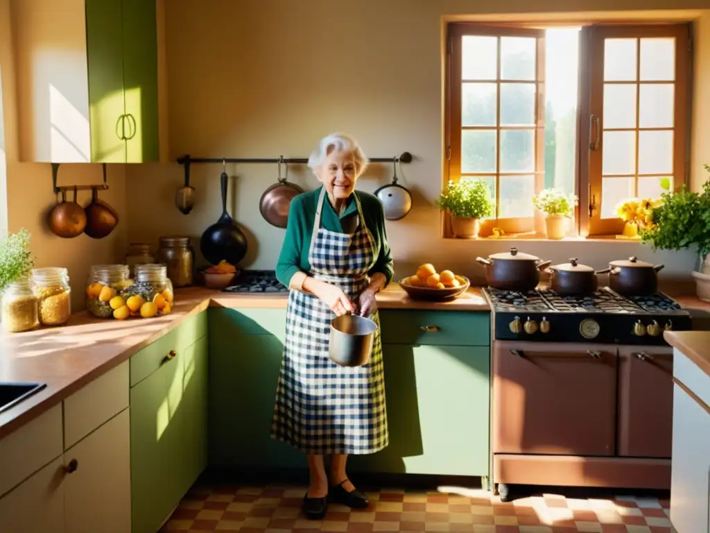 Una anciana cocina recetas tradicionales con sabiduría, en una cocina iluminada por la tarde