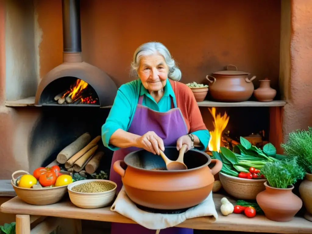 Una anciana en un cocina tradicional, removiendo un guiso en una olla de barro sobre el fuego