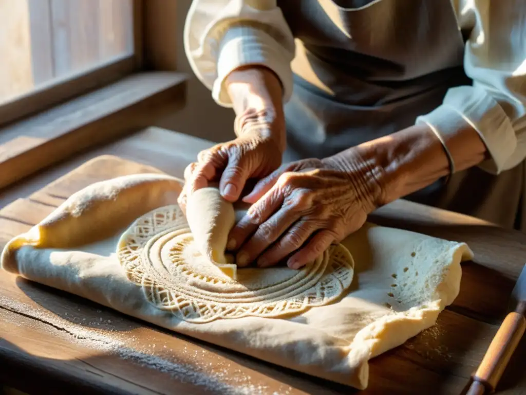 Una anciana amasa con destreza la masa para pan casero, con la luz matutina resaltando los detalles de su delantal