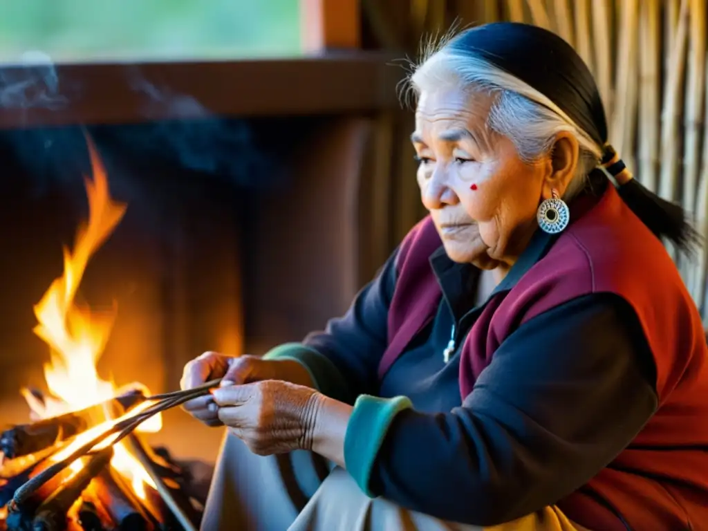 Una anciana Mi'kmaq teje con destreza quills de puercoespín, iluminada por el fuego