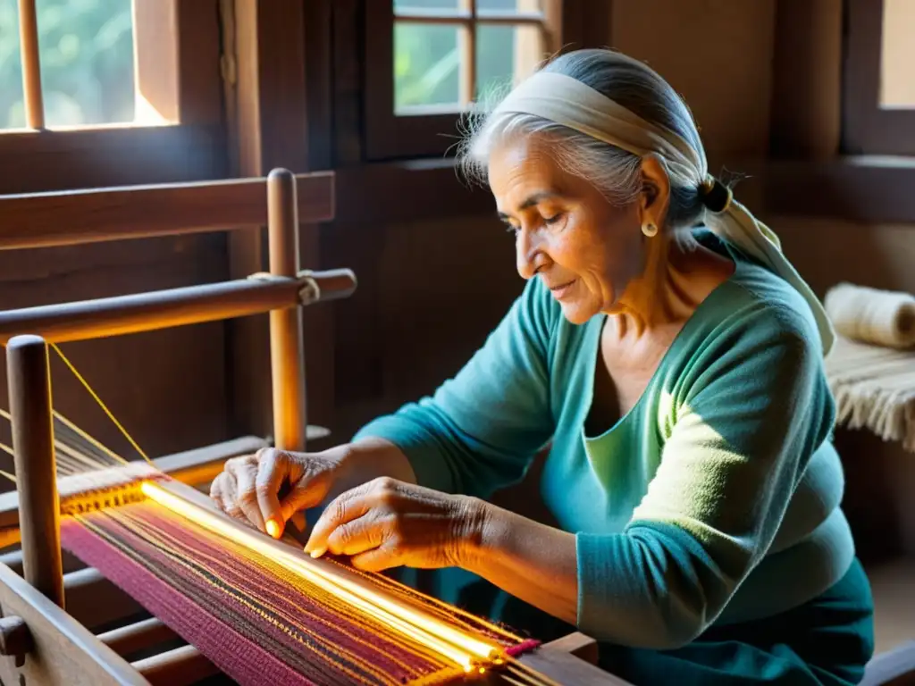 Una anciana teje con destreza en un telar de madera, iluminada por el cálido sol de la tarde