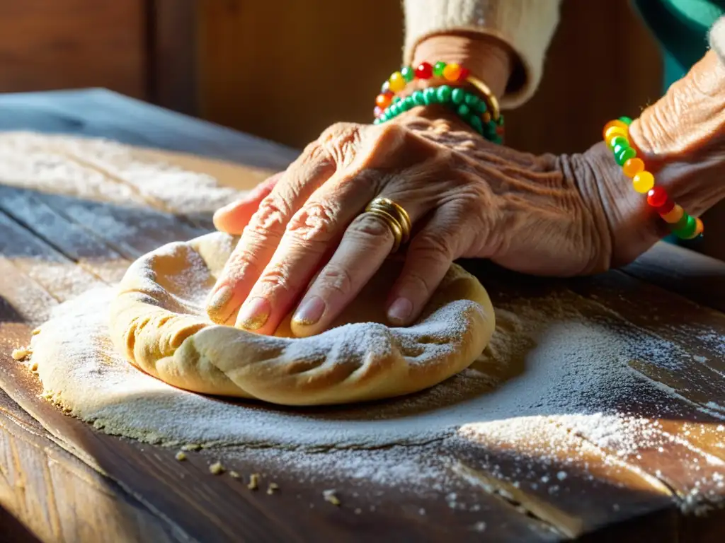 Una anciana experta en cocina tradicional, con las manos arrugadas, amasa masa en una mesa de madera