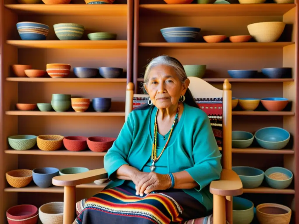 Una anciana indígena tejendo una colorida artesanía, preservación de la diversidad cultural