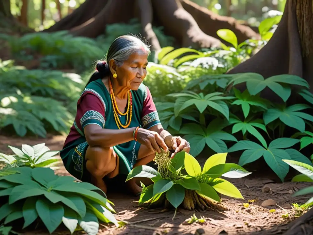 Una anciana indígena cuida con esmero plantas medicinales en un claro del bosque, creando una atmósfera serena y mágica