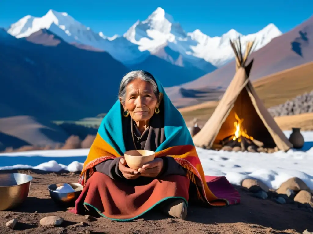 Una anciana indígena en los Andes, junto al fuego, sostiene una vasija de té, mostrando la tradición y sabiduría indígena frente al cambio climático