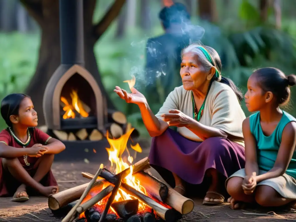 Una anciana indígena comparte una leyenda junto a niños en el bosque, resaltando la importancia de las leyendas indígenas