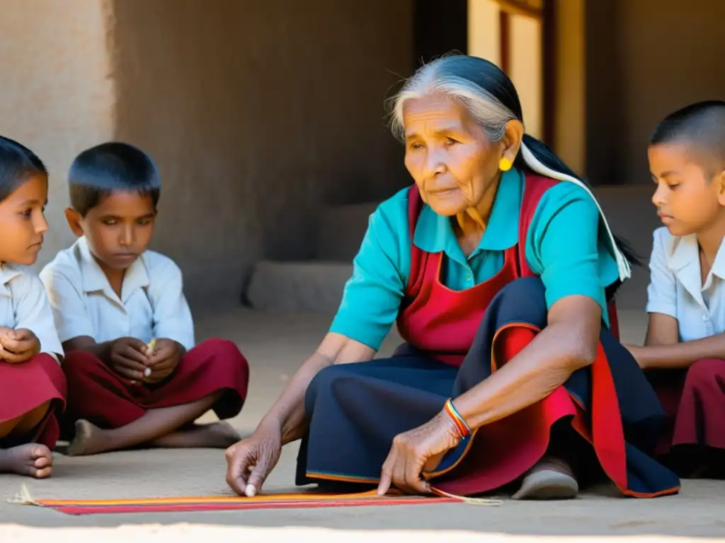 Una anciana indígena teje un patrón vibrante en un textil mientras los niños observan con admiración