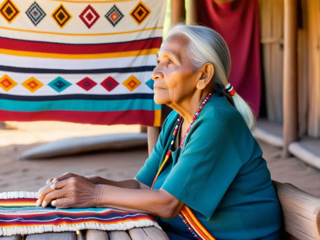 Una anciana indígena teje un tapiz colorido en un banco de madera, mostrando la sabiduría ancestral