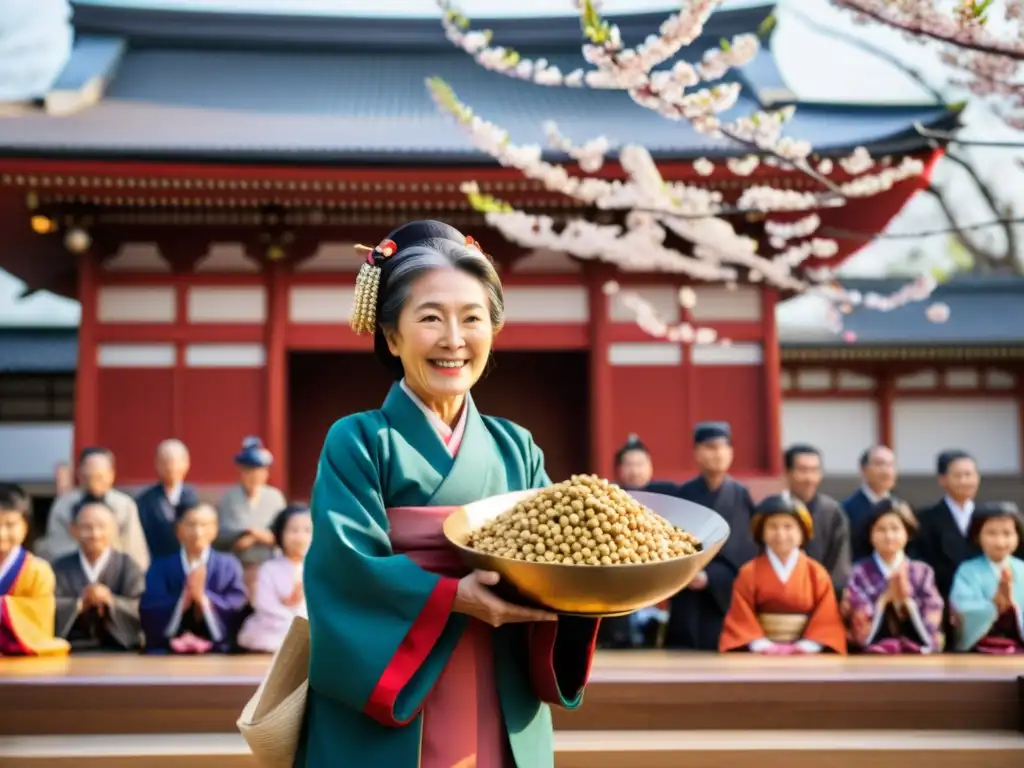 Una anciana japonesa en kimono realiza un exorcismo de demonios en el festival Setsubun, mientras la primavera florece en Japón