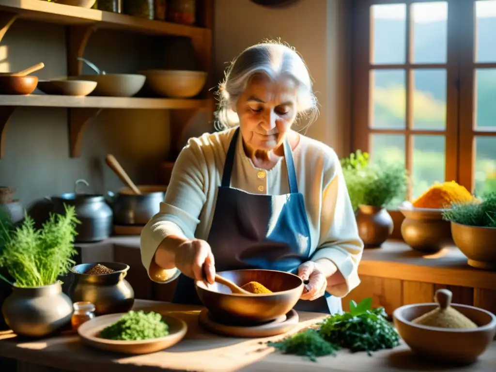 Una anciana prepara medicina tradicional a través de la gastronomía en una cocina tradicional llena de hierbas y especias coloridas