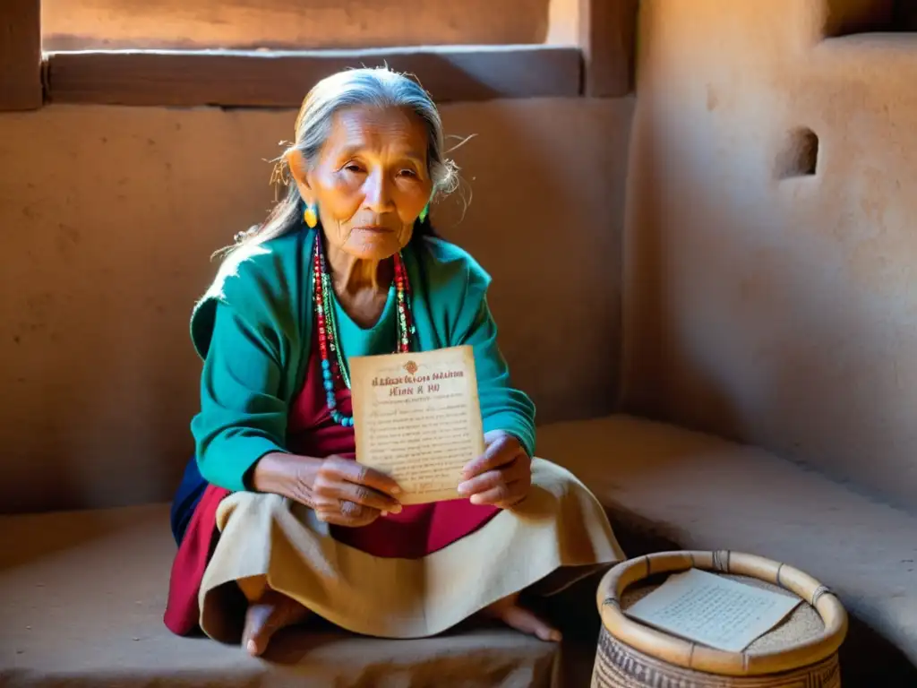 Una anciana mujer Kichwa, ataviada con ropa tradicional vibrante, lee poesía en idioma Kichwa en una habitación adobe iluminada por la luz solar