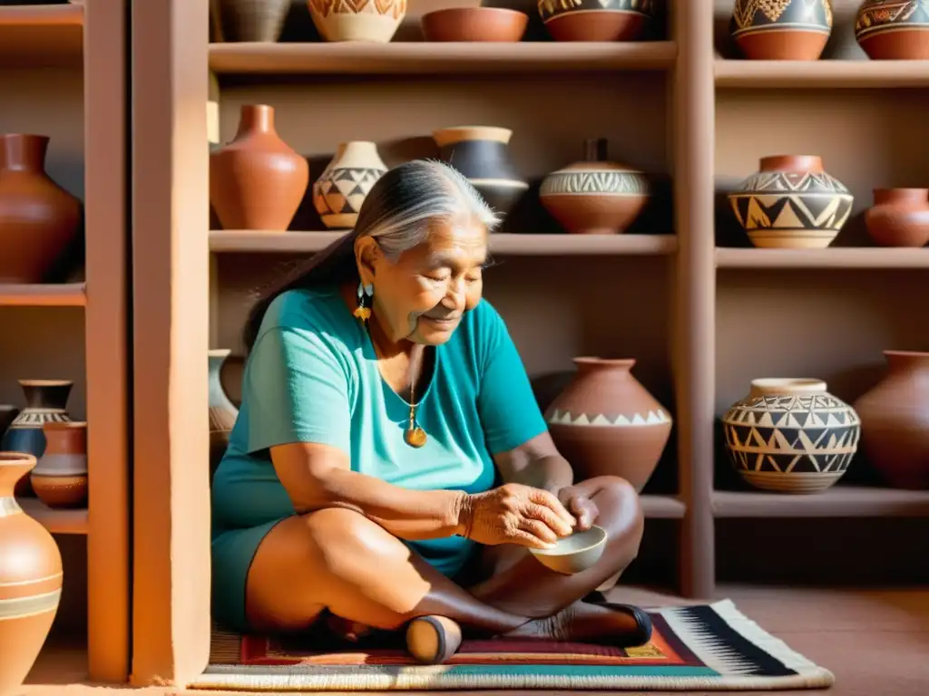 Una anciana mujer nativa americana pinta cerámica rodeada de tradición y herencia, preservación de la lengua ancestral