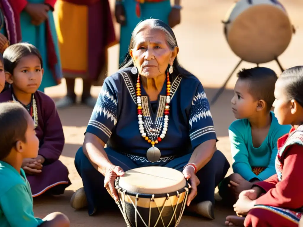 Una anciana nativa comparte historias y enseñanzas en su lengua ancestral, rodeada de niños en regalia colorida