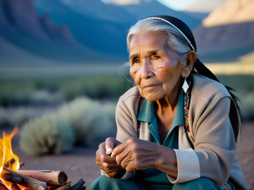 Una anciana shoshone teje cuentas tradicionales junto al fuego, preservación del idioma Shoshone